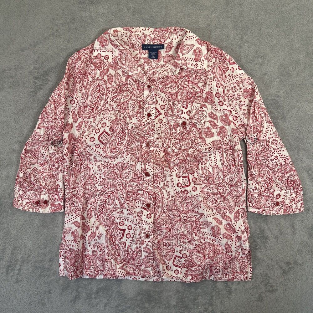 Karen Scott Paisley Blouse Womens White Med Patchwork Red Floral Button Roll Up